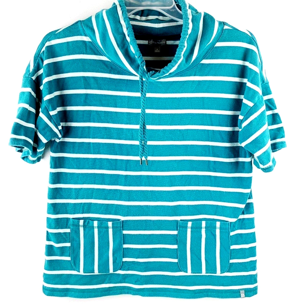 Women's Talbots Short Sleeved Cowl Neck Knit Stripe Top, Size Medium, Turquoise